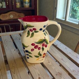Floral Ceramic Pitcher with Red Interior